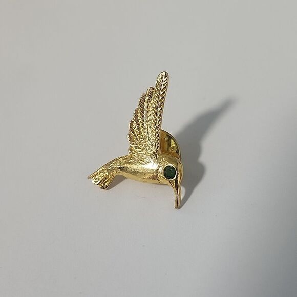 Elegant Gold Hummingbird Pin with Green Accent - Picture 2 of 3